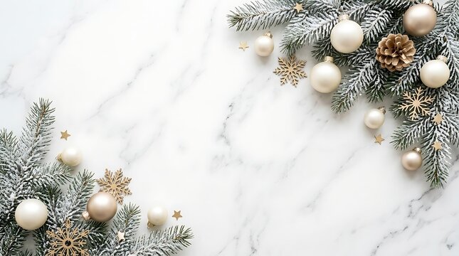Christmas background with white marble surface decorated with snowy fir branches and gold ornaments