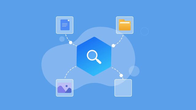 Flat vector animation showing a search hub connected to document, folder, image, and video icons for digital content discovery and file management.