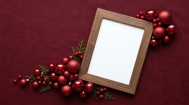 Empty wooden picture frame with christmas baubles and pine branches on a dark red background
