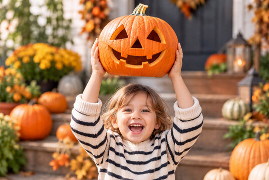 Joyful Child Lifting Jack O Lantern Above Head for Halloween