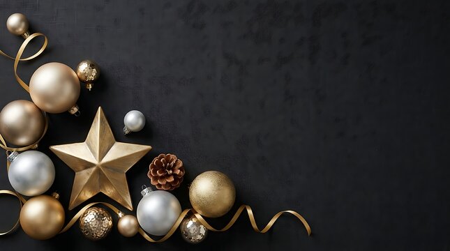 Festive christmas holiday background with golden and silver ornaments on a dark black textured surface