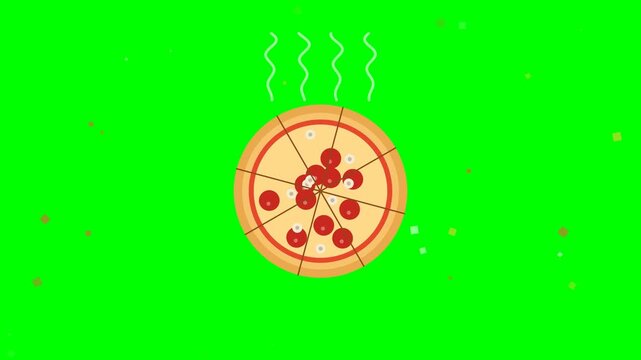 Animated pepperoni pizza icon on green screen, hot steaming pizza slices with melting cheese, flat vector food illustration for restaurant menus