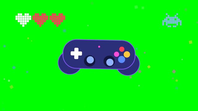 Retro gaming controller animation on green screen, pixel art video game interface with heart life bar, vintage arcade joystick motion graphic