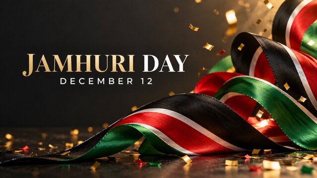 Jamhuri Day December 12 Horizontal Banner with Wavy Silk Ribbon in Kenya Flag Colors and Golden Confetti on Dark Background