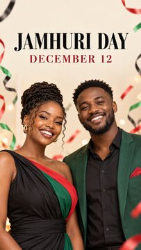 Happy Kenyan Couple Celebrating Jamhuri Day December 12 in Elegant Attire with Falling Streamers Vertical Banner