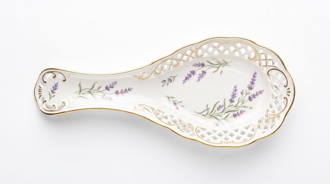 Vintage ceramic spoon rest with floral lavender print, ornate porcelain kitchen utensil holder, elegant table setting accessory isolated PNG with Transparent Background