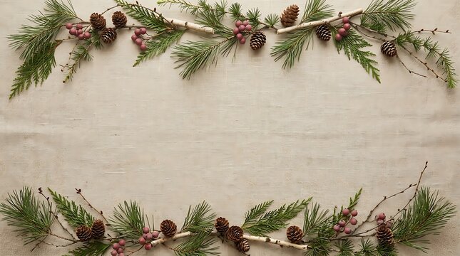 Flat lay christmas border made of pine branches and pine cones on a rustic beige linen fabric background