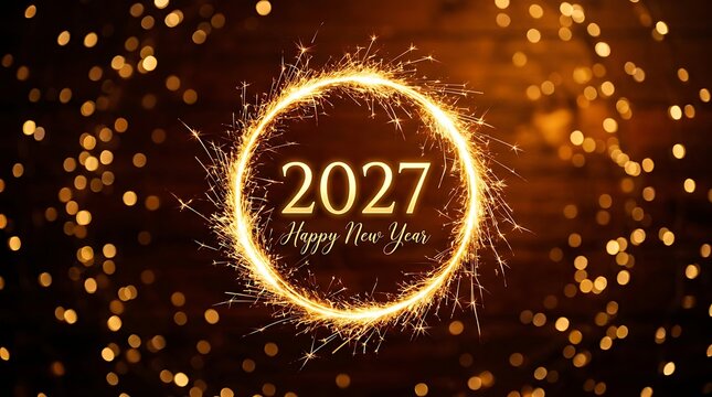 Happy New Year 2027 celebration background with golden sparkler light ring