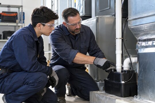 technicians repairing a condensate pump together
