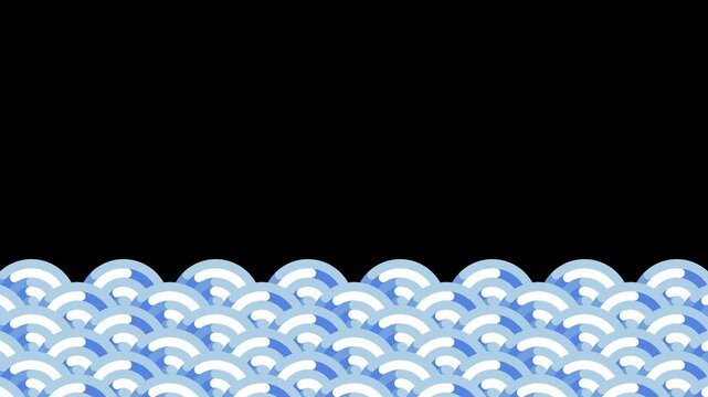 Blue and White Seigaiha Japanese Wave Pattern Animation, Transparent Background MOV Overlay, Traditional Japanese Decorative Lower Border