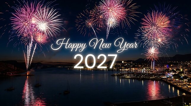 Happy New Year 2027 celebration with vibrant colorful fireworks over a peaceful coastal city harbor at night