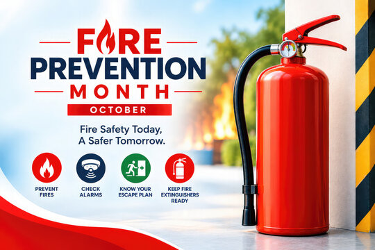 Fire Prevention Month Awareness Poster with Red Fire Extinguisher and Fire Safety Message &ndash; October Fire Prevention Campaign,,,