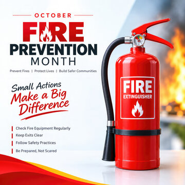 Fire Prevention Month Awareness Poster with Red Fire Extinguisher and Fire Safety Message &ndash; October Fire Prevention Campaign,,,