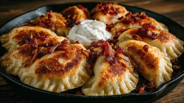 Golden pan-fried pierogi topped with crispy bacon and onions in a cast iron skillet with sour cream