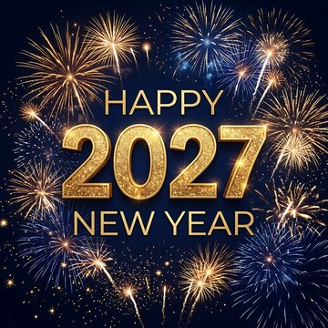 Happy New Year 2027 golden text on a dark blue background with bright festive fireworks explosions