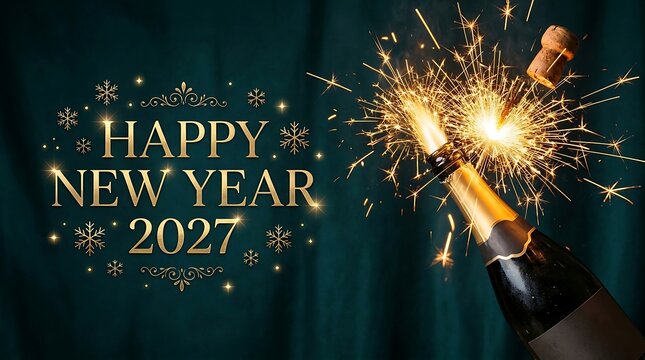 Happy New Year 2027 greeting card with gold typography and a popping champagne bottle with bright sparklers