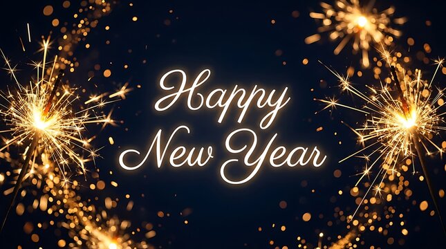 Happy New Year text glowing surrounded by bright sparkling firework sparklers on a dark festive celebration background