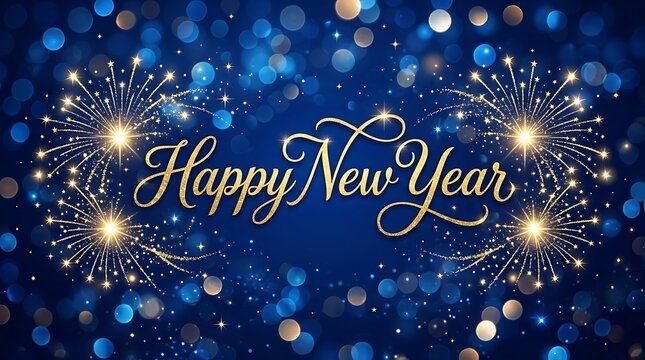 Happy New Year text with gold calligraphy and sparkling firework bursts on a festive blue bokeh background