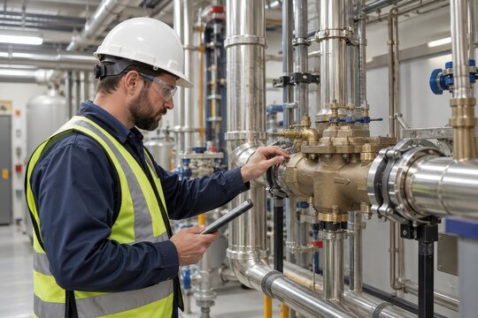 technician recording backflow maintenance in a facility