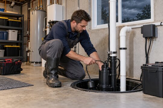 worker servicing a sump pump indoors