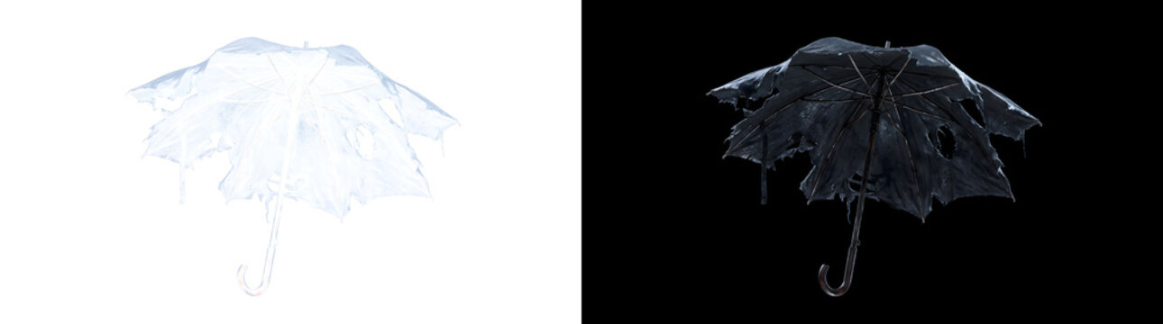 Umbrella with torn fabric and rusty handle for horror themes, offered as PNG, Transparent and Black Background Versions