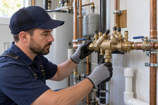 technician servicing a backflow preventer indoors