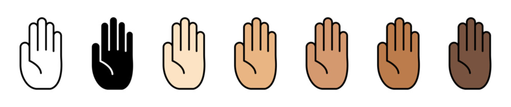 Set of open hand palm gesture icons in different skin tones for stop, high five, greeting, communication, and social media designs.