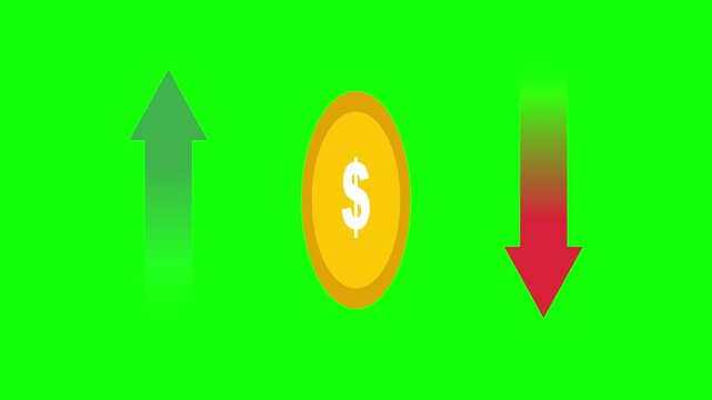 Financial growth and decline animation with green up arrow red down arrow and spinning gold dollar coin on green background