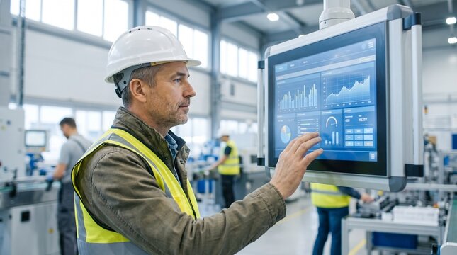 Industrial Engineer Using Touchscreen Monitor in Factory