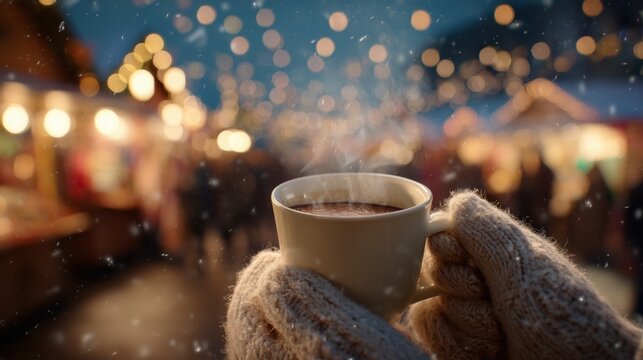 Close Up of Steaming Hot Cup Held with Mittens at Winter Market