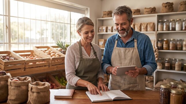 Shop Owners Checking Inventory with Digital Tablet in Grocery Store