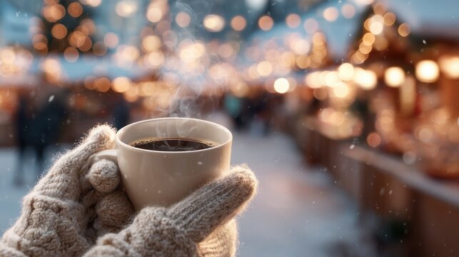 Hands in Knitted Mittens Holding Hot Coffee Mug at Christmas Market