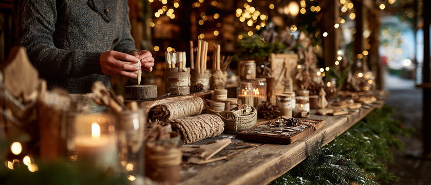 Artisan Crafting Handmade Wooden Christmas Decorations at Market Stall