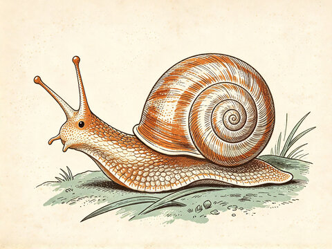 Vintage Engraving Style Garden Snail with Spiral Shell in Terracotta and Teal &ndash; Botanical Illustration Style