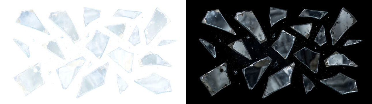 Mirror shattered into flying shards for horror designs, offered as PNG, Transparent and Black Background Versions