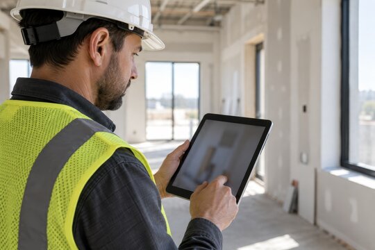 worker reviewing a construction punch list on a tablet