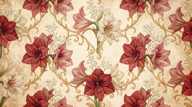 Seamless floral pattern with red amaryllis and white lilies on cream background