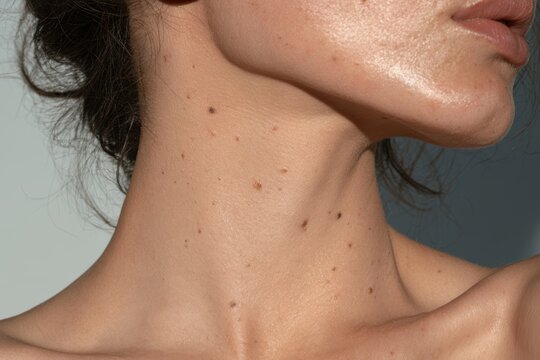 Woman's skin revealing various moles and blemishes on her neck and chest