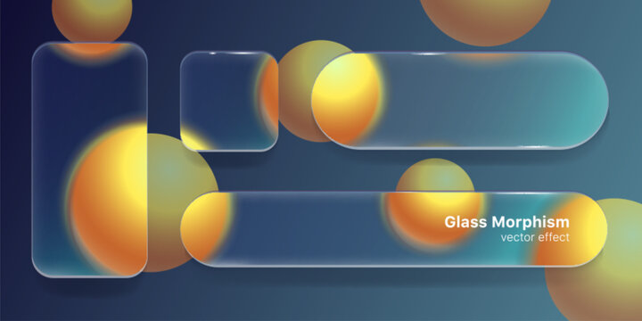 Glassmorphism ui elements, transparent glass interface frames with translucent rounded panels. Glowing gradient spheres and blur effects on a dark background. Futuristic vector design template.