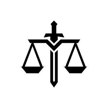 Minimalist black and white scales of justice with sword icon vector illustration representing legal system, law firm logo design, isolated on clean white background