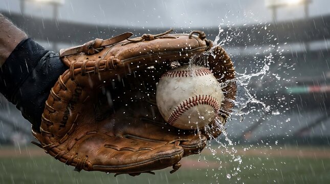 Baseball catching ball in leather mitt with splash.