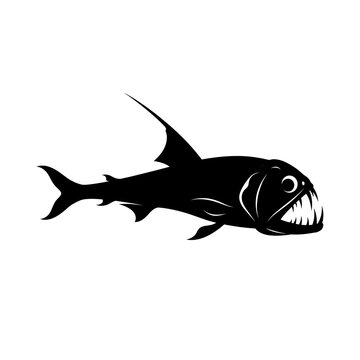 Stylized black silhouette illustration of an aggressive deep sea monster fish with sharp fangs and sharp dorsal fin isolated on a clean white background