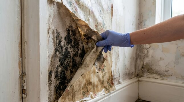Black Mold Grown Behind House Wallpaper Discovered during Professional Residential Wall Inspection.
