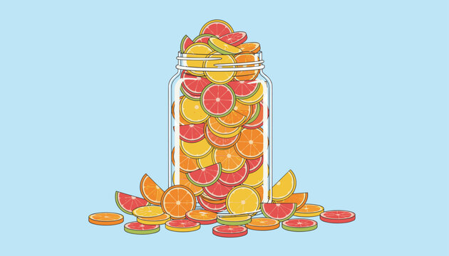 Transparent glass jar is filled to the brim with colorful sliced citrus fruits like oranges and grapefruits.