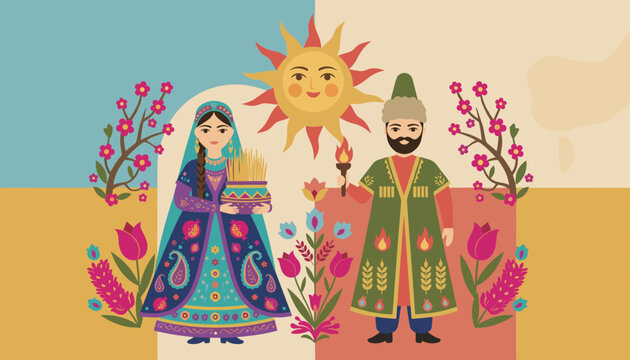 Beautiful traditional Azerbaijani couple stands happily surrounded by blooming flowers, sun, and birds.
