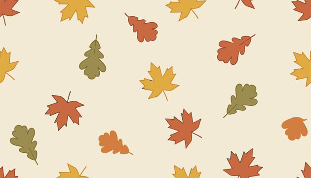 Seamless pattern features colorful autumn leaves of oak and maple trees over a warm cream background.