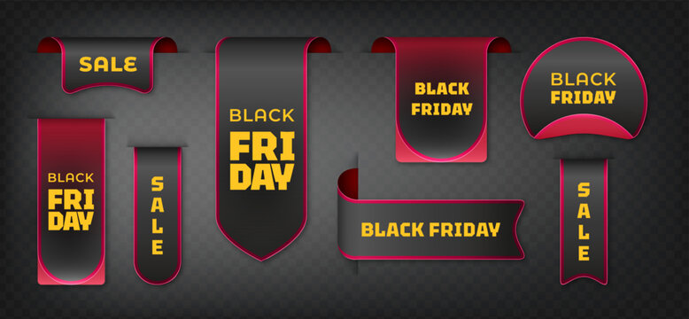 Black Friday sale tags with labels and ribbons. Premium 3D sticker collection with round price symbols and promotional elements on transparent dark background. Black and red banners and badges