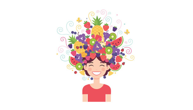 Smiling girl has amazing voluminous hair made of various fresh fruits like pineapples, strawberries, and kiwis.