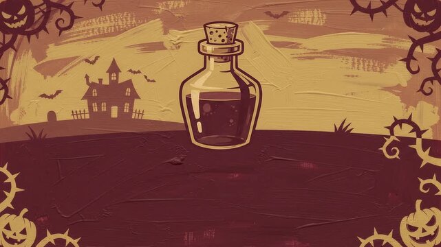 Spooky magic potion bottle breathing on retro halloween copy space