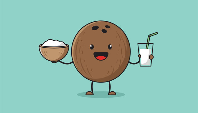 Cute coconut character holds a bowl of coconut shreds and a glass of refreshing coconut milk with a straw.